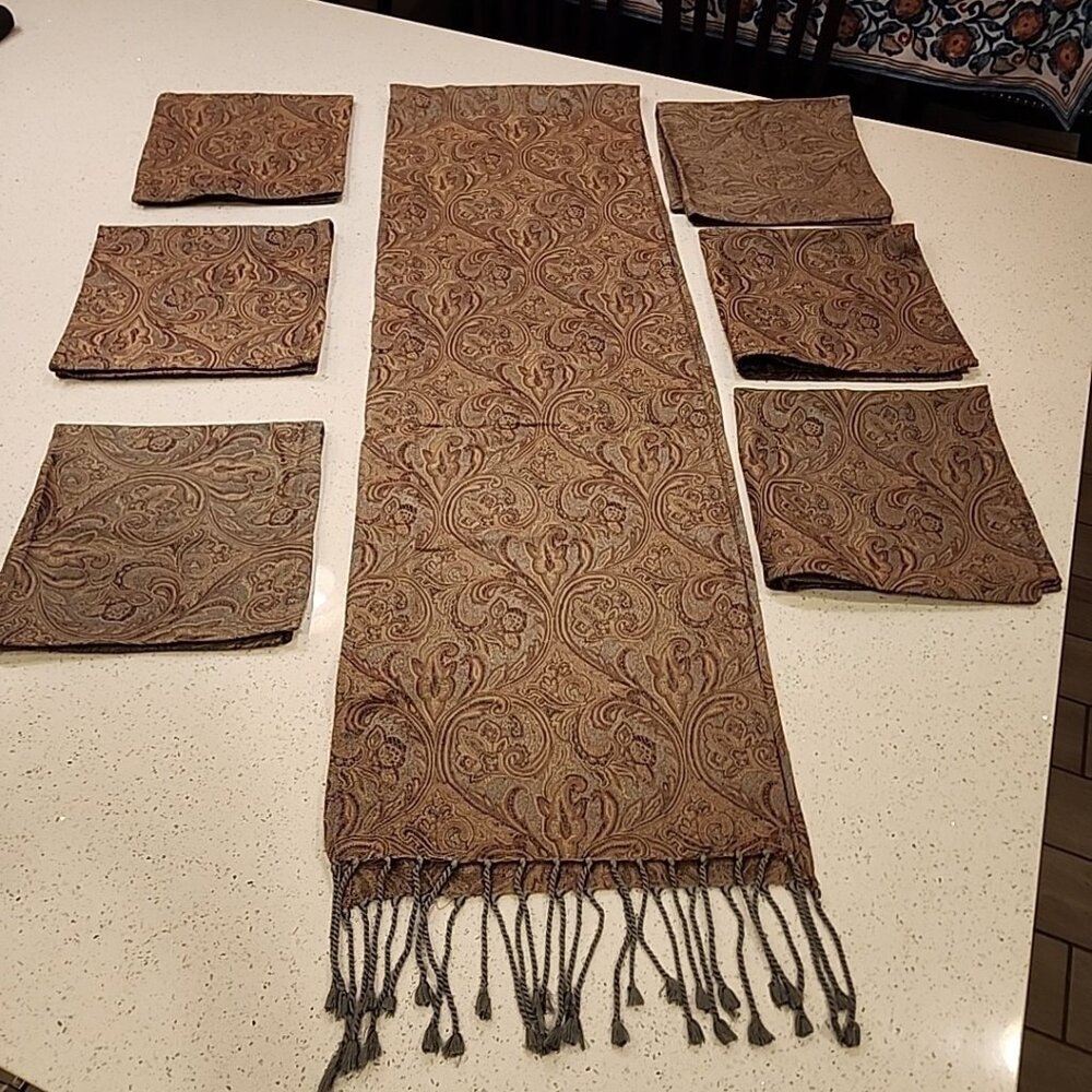 XÓCHI Table Runner & 6 Napkins Gray Beige Fringe Made In India 92x14